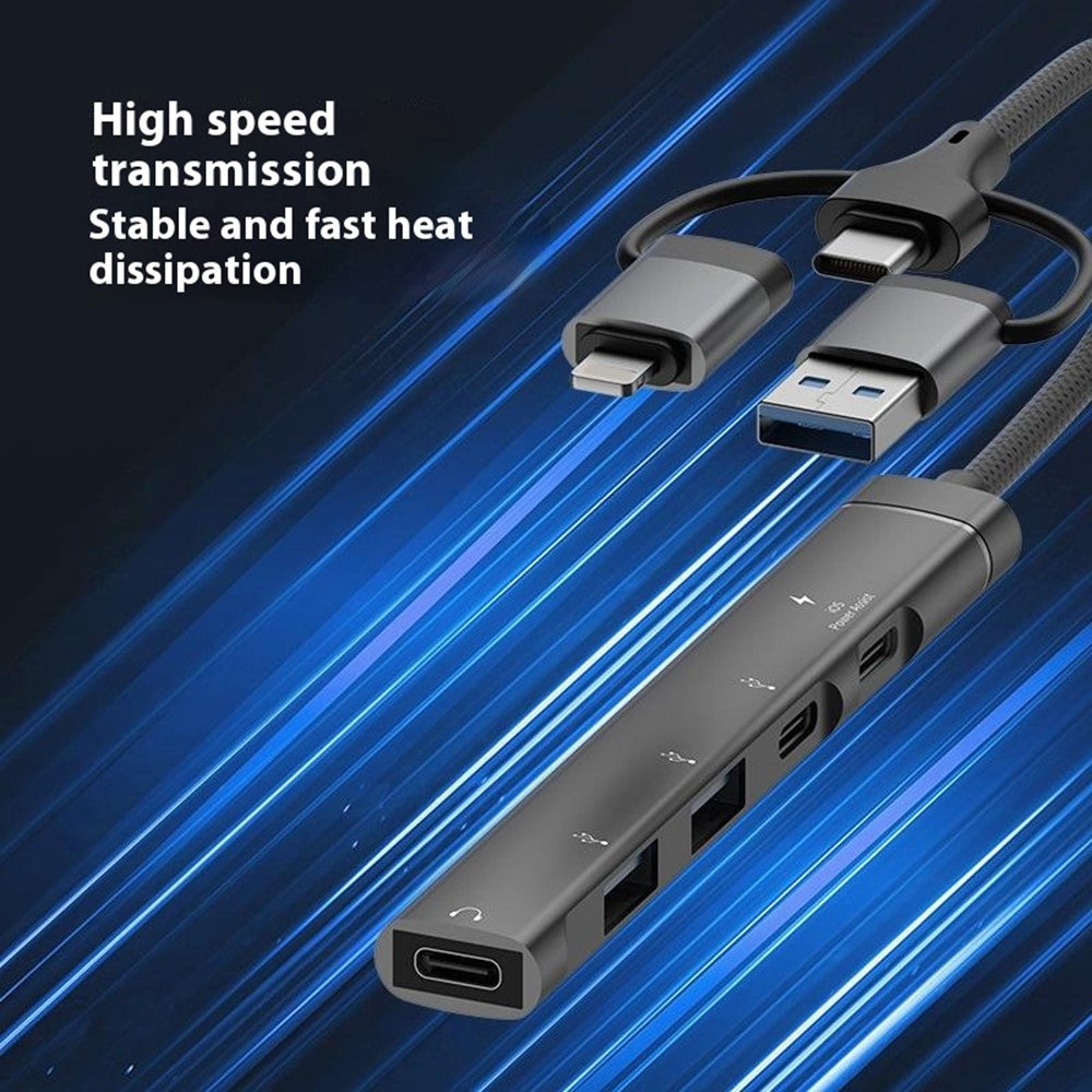 8-Pin / USB / Type C 3 in 1 to 5 Ports USB Hub Smartphones Tablets 15W Charging Data Transfer Adapter