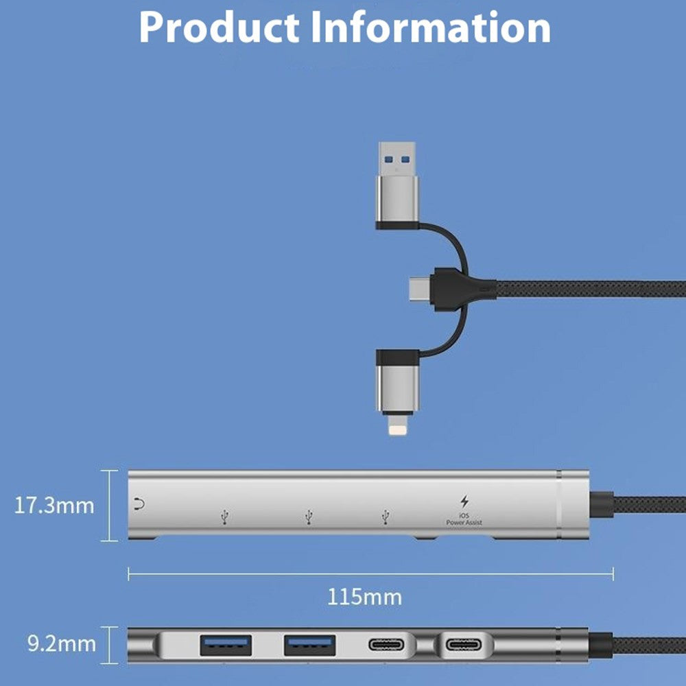 8-Pin / USB / Type C 3 in 1 to 5 Ports USB Hub Smartphones Tablets 15W Charging Data Transfer Adapter