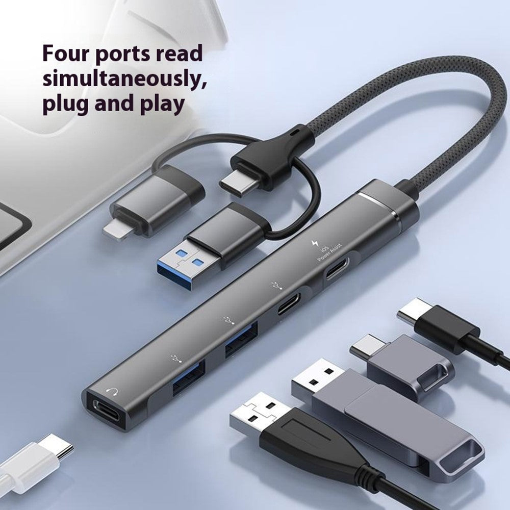 8-Pin / USB / Type C 3 in 1 to 5 Ports USB Hub Smartphones Tablets 15W Charging Data Transfer Adapter