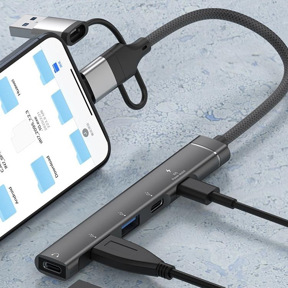 8-Pin / USB / Type C 3 in 1 to 5 Ports USB Hub Smartphones Tablets 15W Charging Data Transfer Adapter