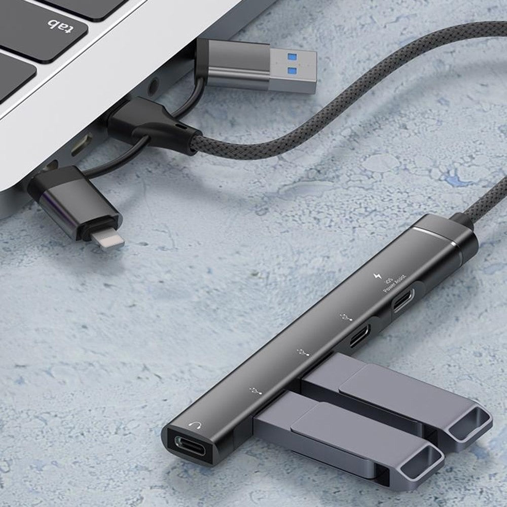 8-Pin / USB / Type C 3 in 1 to 5 Ports USB Hub Smartphones Tablets 15W Charging Data Transfer Adapter