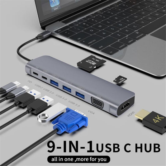 YSTC9048 9 in 1 Multi-port USB C Hub Portable High-speed Data Sync Converter USB C to USB3.0 TF SD Adapter Support HDMI VGA