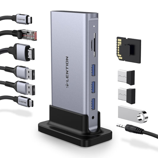 LENTION D54HEACR Multi-Port Docking Station Portable Mini USB Hub Type-C to 5 USB3.0+HD(4K/60Hz)+RJ45 +Memory&TF +3.5mm Audio+PD3.0 with USB-C to USB-C PD 100W Data Cable