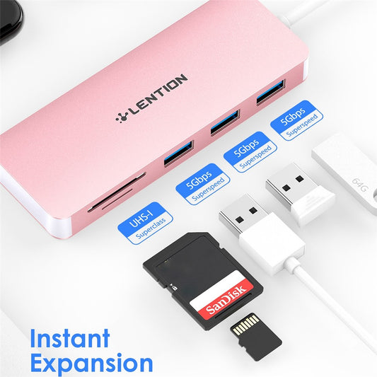 LENTION H15 USB-A Hub 3xUSB-A 3.0 Ports+2 Memory Card Reader Slots Aluminum Alloy Converter