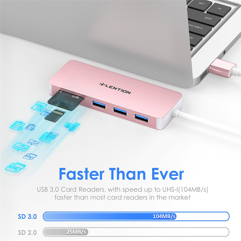 LENTION H15 USB-A Hub 3xUSB-A 3.0 Ports+2 Memory Card Reader Slots Aluminum Alloy Converter