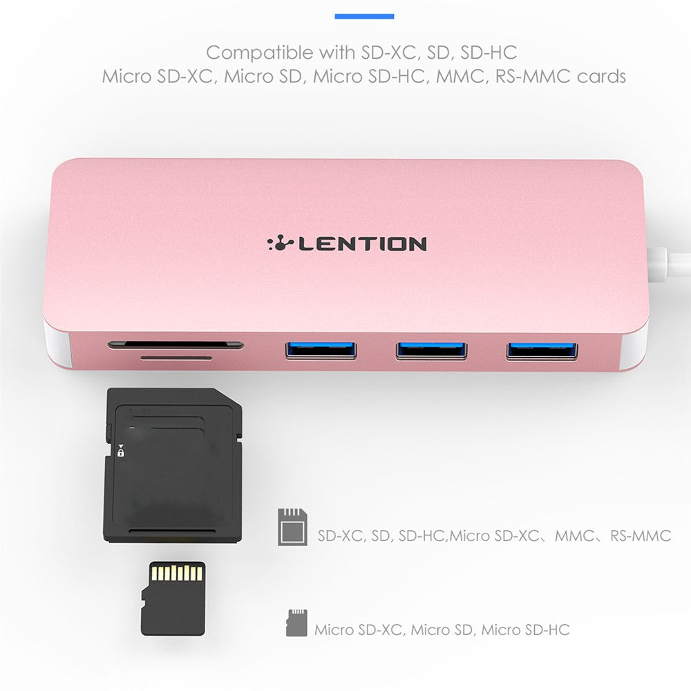 LENTION H15 USB-A Hub 3xUSB-A 3.0 Ports+2 Memory Card Reader Slots Aluminum Alloy Converter