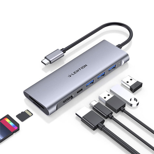 LENTION C36bHCR Type-C Hub Converter to USB 3.0 Ports HD Video Output Port Card Reader Slots PD3.0 100W Charging