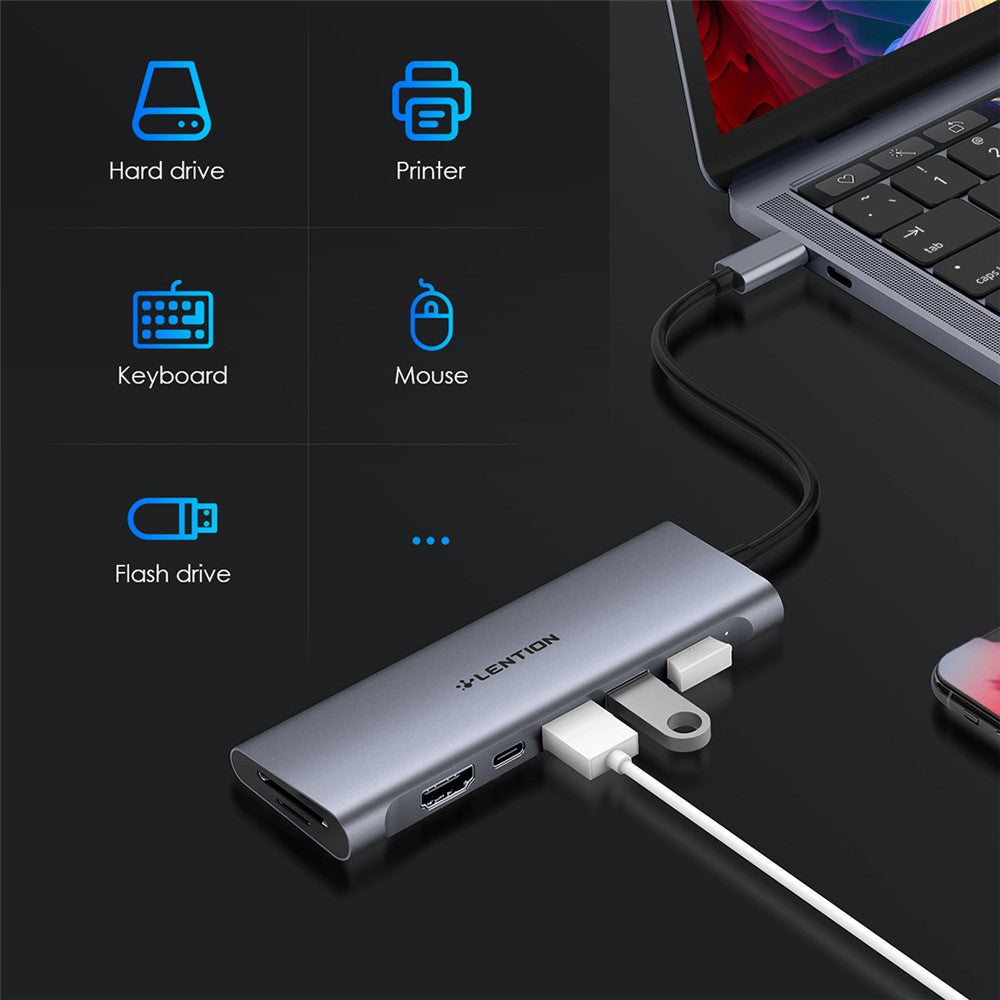LENTION C36bHCR Type-C Hub Converter to USB 3.0 Ports HD Video Output Port Card Reader Slots PD3.0 100W Charging