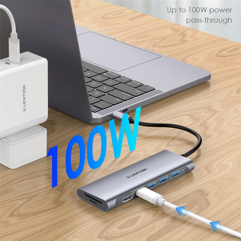 LENTION C36bHCR Type-C Hub Converter to USB 3.0 Ports HD Video Output Port Card Reader Slots PD3.0 100W Charging