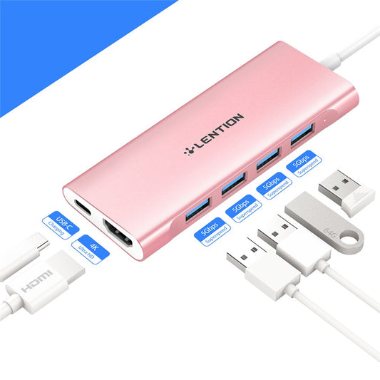 LENTION C35H-1M USB-C Hub Converter Multi-port Docking Station Type-C to 4 USB-A3.0+HD+PD Adapter Compatible with macOS, Windows, Vista, Linux Systems