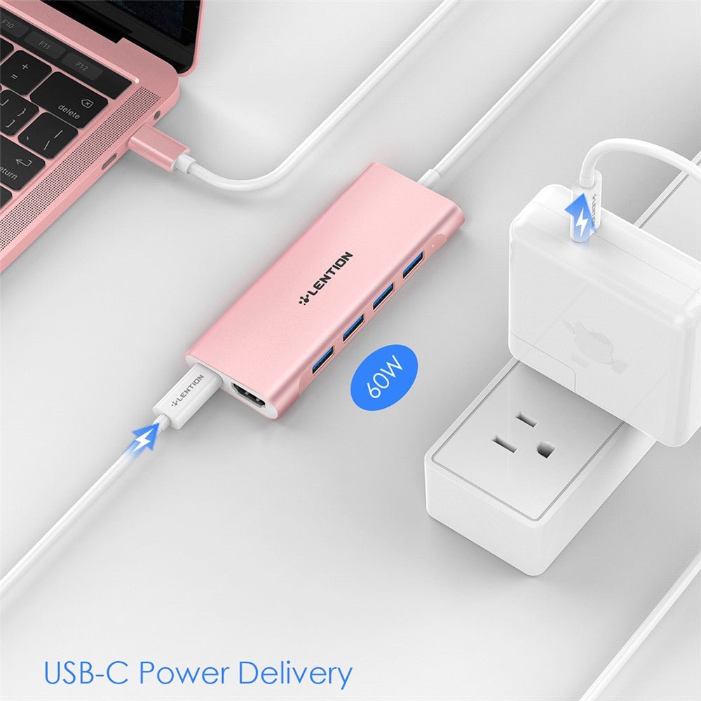 LENTION C35H-1M USB-C Hub Converter Multi-port Docking Station Type-C to 4 USB-A3.0+HD+PD Adapter Compatible with macOS, Windows, Vista, Linux Systems