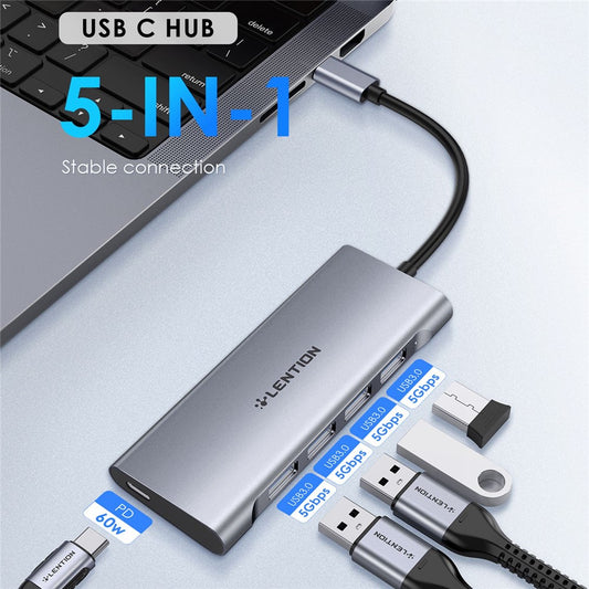 LENTION C31 USB-C to 4 USB-A 3.0 + 1 PD Port Adapter Laptop Aluminum Alloy USB Hub