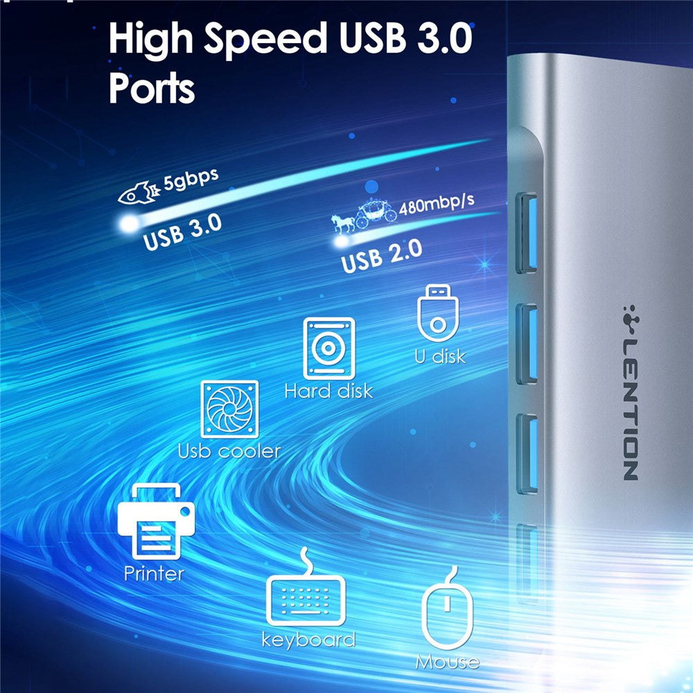 LENTION C31 USB-C to 4 USB-A 3.0 + 1 PD Port Adapter Laptop Aluminum Alloy USB Hub