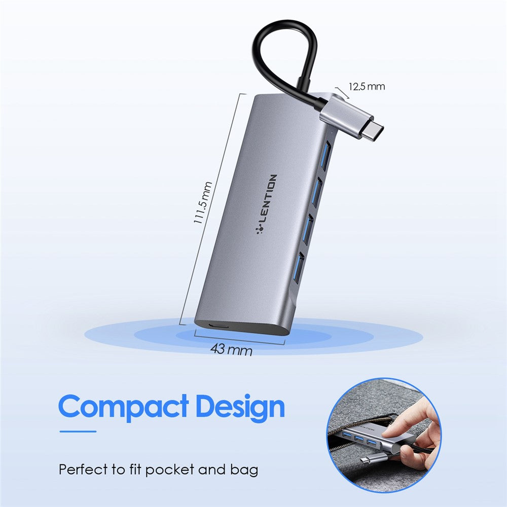 LENTION C31 USB-C to 4 USB-A 3.0 + 1 PD Port Adapter Laptop Aluminum Alloy USB Hub