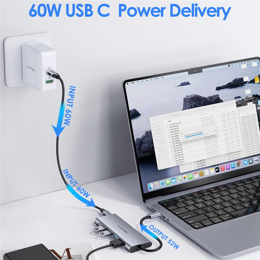 LENTION C31 USB-C to 4 USB-A 3.0 + 1 PD Port Adapter Laptop Aluminum Alloy USB Hub