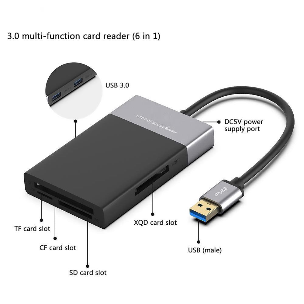 USB Hub Fast Speed USB 3.0 Splitter Adapter Cable Multifunction 6-in-1 Card Reader USB Converter Support XQD / SD / TF / CF Card