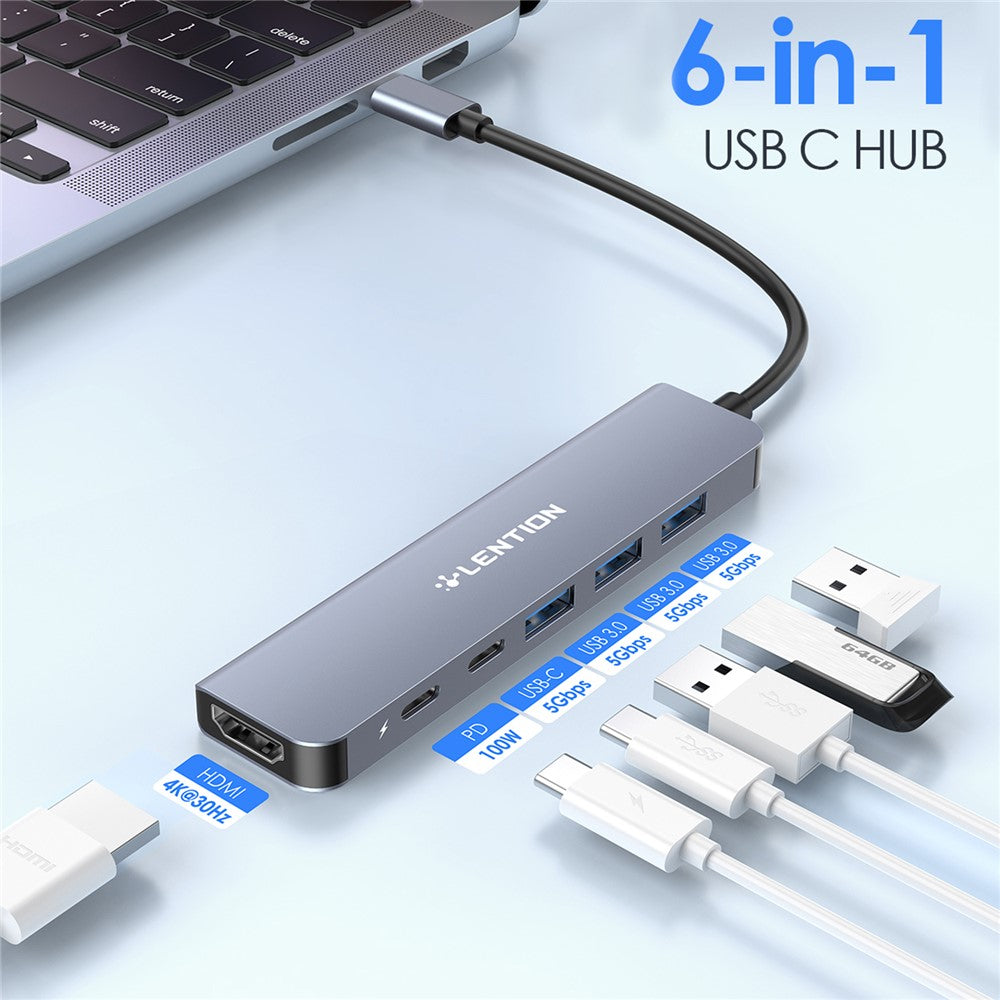 LENTION CE35sH Cloud Ala Series 6-in-1 USB-C Hub Adapter USB-C to 3 USB3.0 + HD 4K / 30Hz + PD3.0 + USB-C Docking Station