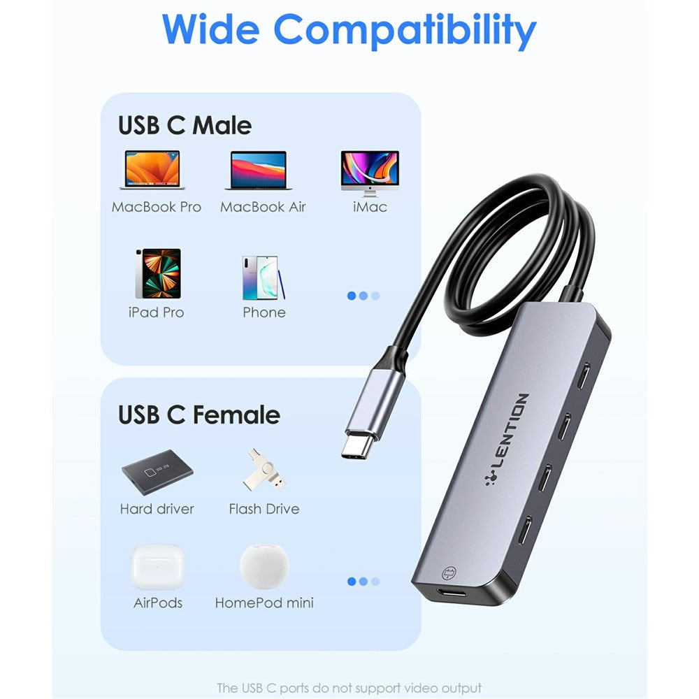 LENTION CE31-0.6M Cloud Ala Series 5-in-1 Mini USB-C Docking Station Type-C to 4 USB-C + 5V USB-C Hub Adapter