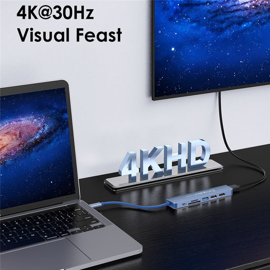 LENTION CE18HCR Cloud Ala Series Portable USB Hub Adapter Type-C Docking Station with USB+HD 4K / 30Hz+SD / TF+PD 100W