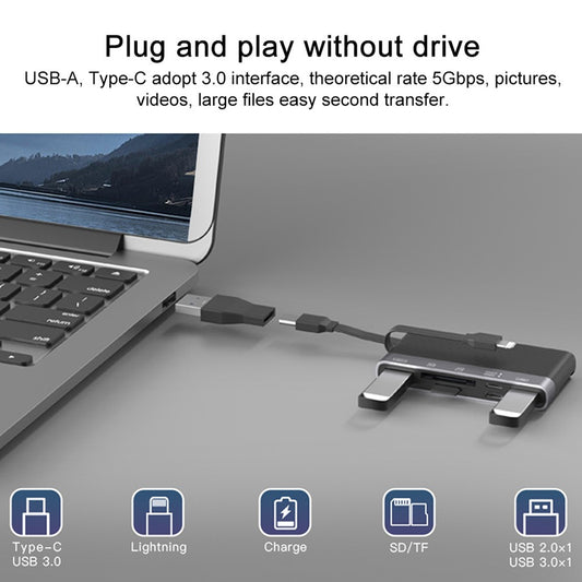 NK-1048HD 6-in-1 Docking Station Type-C / 8-Pin to USB3.0+TF / SD Card Slots+USB2.0+2 Type-C Ports USB Hub Adapter