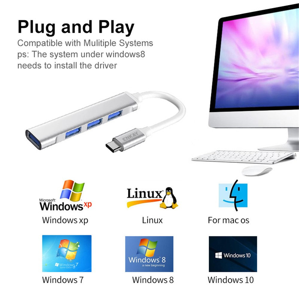 ENKAY HAT PRINCE ENK-AT114 Multi-Port Hub Adapter 4 in 1 USB3.0 Extender Type-C Docking Station with USB3.0 + 3 USB2.0