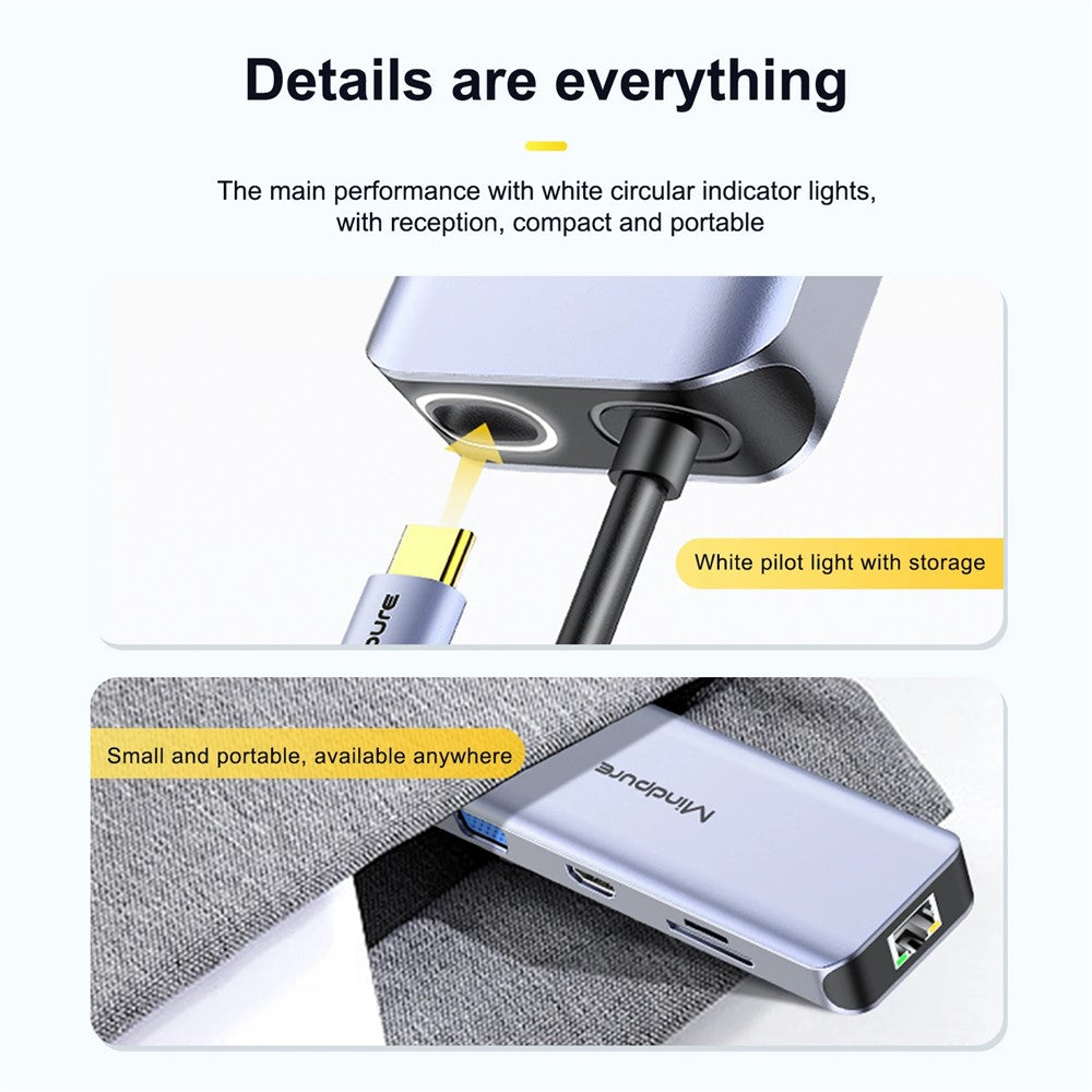MINDPURE HU010 8-in-1 USB-C Hub Aluminum Alloy Laptop Docking Station, USB3.0x3+HD+PD+SD+TF+RJ45