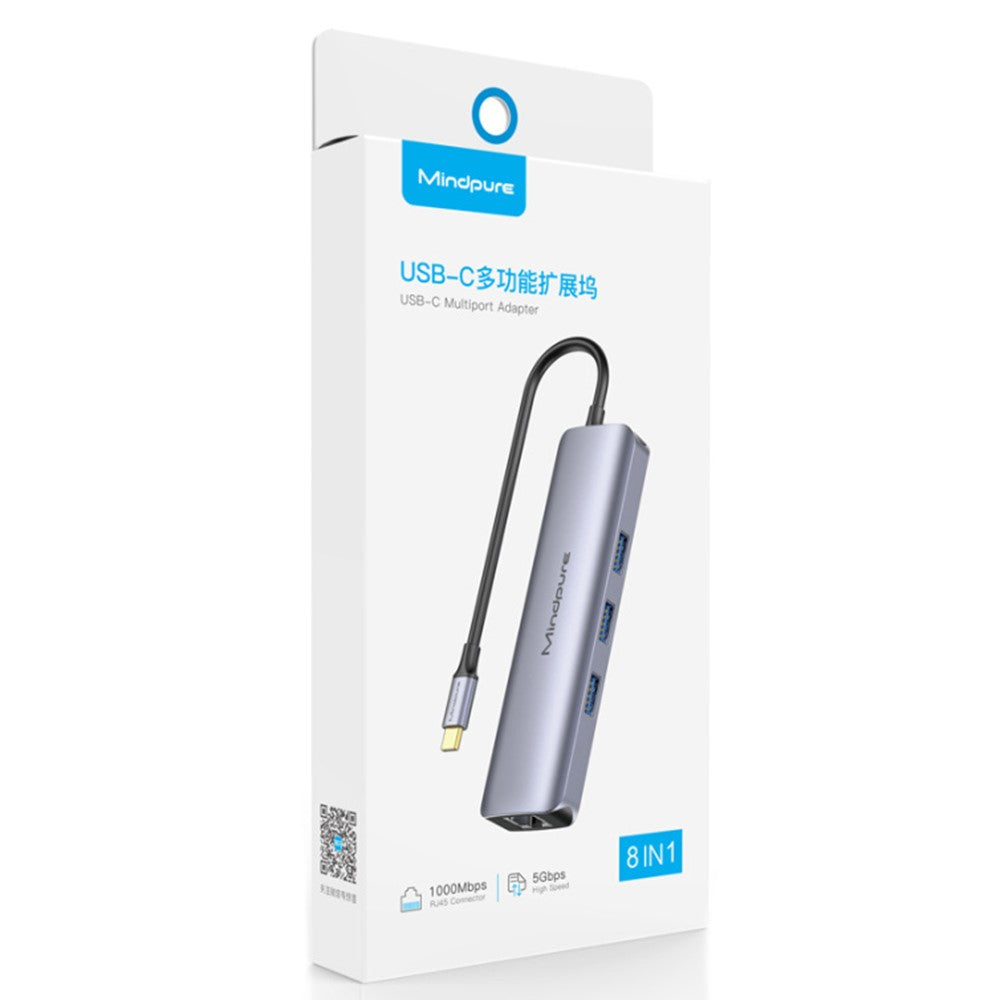 MINDPURE HU010 8-in-1 USB-C Hub Aluminum Alloy Laptop Docking Station, USB3.0x3+HD+PD+SD+TF+RJ45