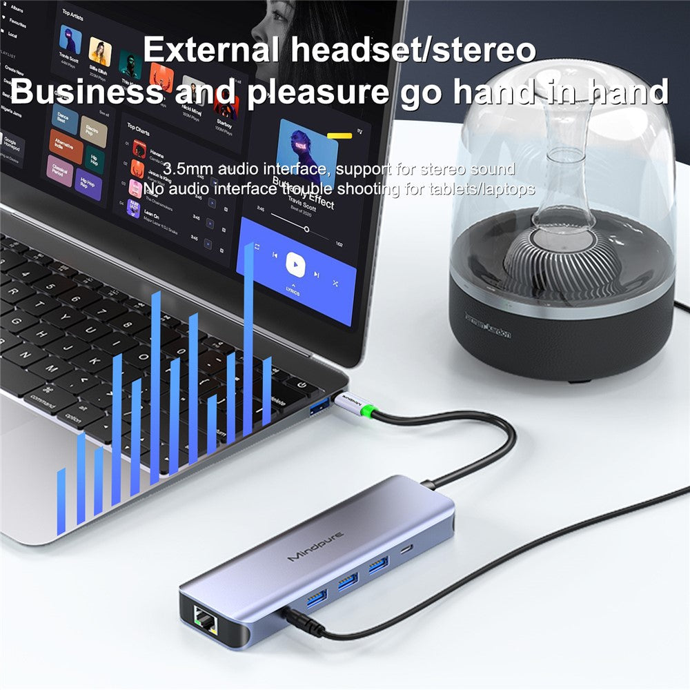 MINDPURE HU012 11-in-1 Multi-Function Docking Station Laptop USB-C Hub, USB3.0x3+3.5mm AV+PD+HDx2+VGA+SD+TF+RJ45