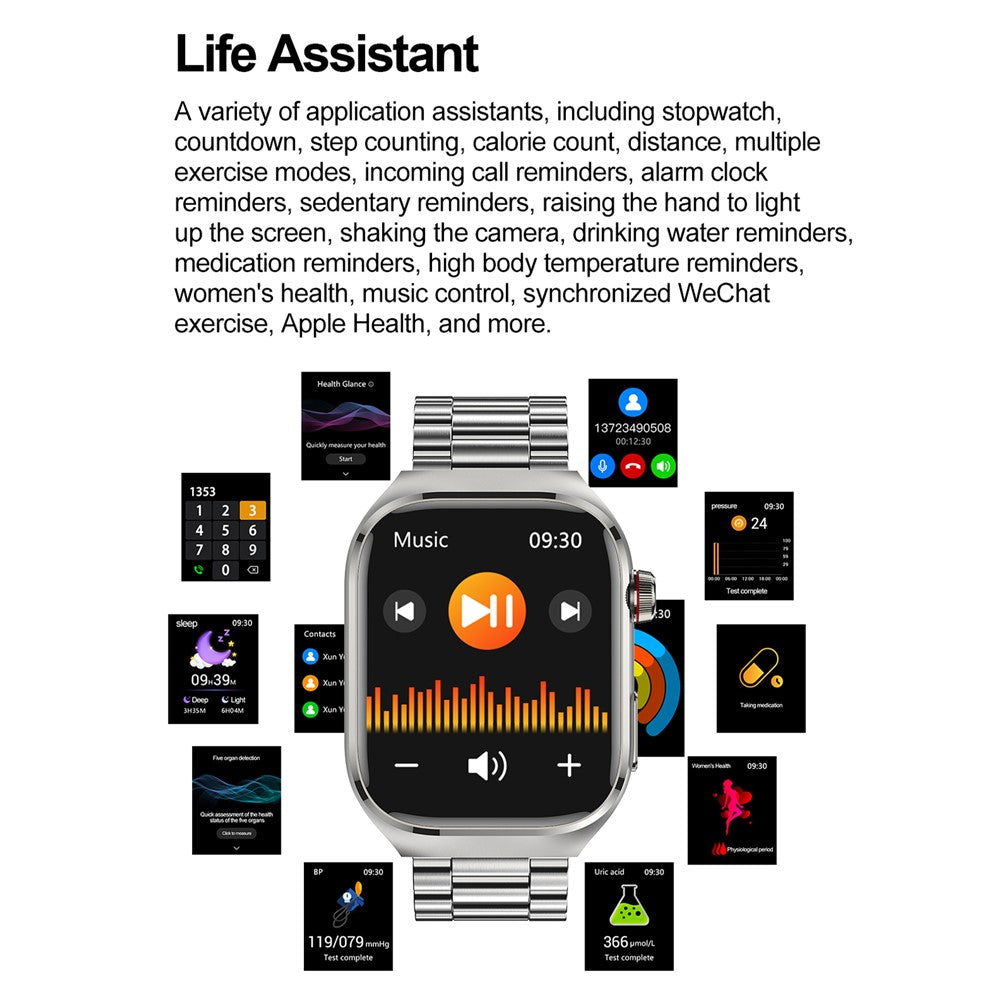TK16 2.04-inch AMOLED Screen Smart Watch Micro-Physical Examination ECG Heart Rate Monitor Sport Watch, Steel Strap