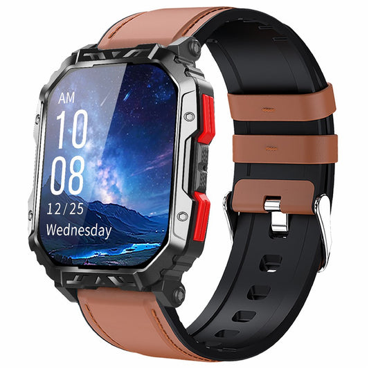 F407 Outdoor Waterproof Rugged Smart Watch Blood Sugar Heart Rate Monitor with Leather Strap