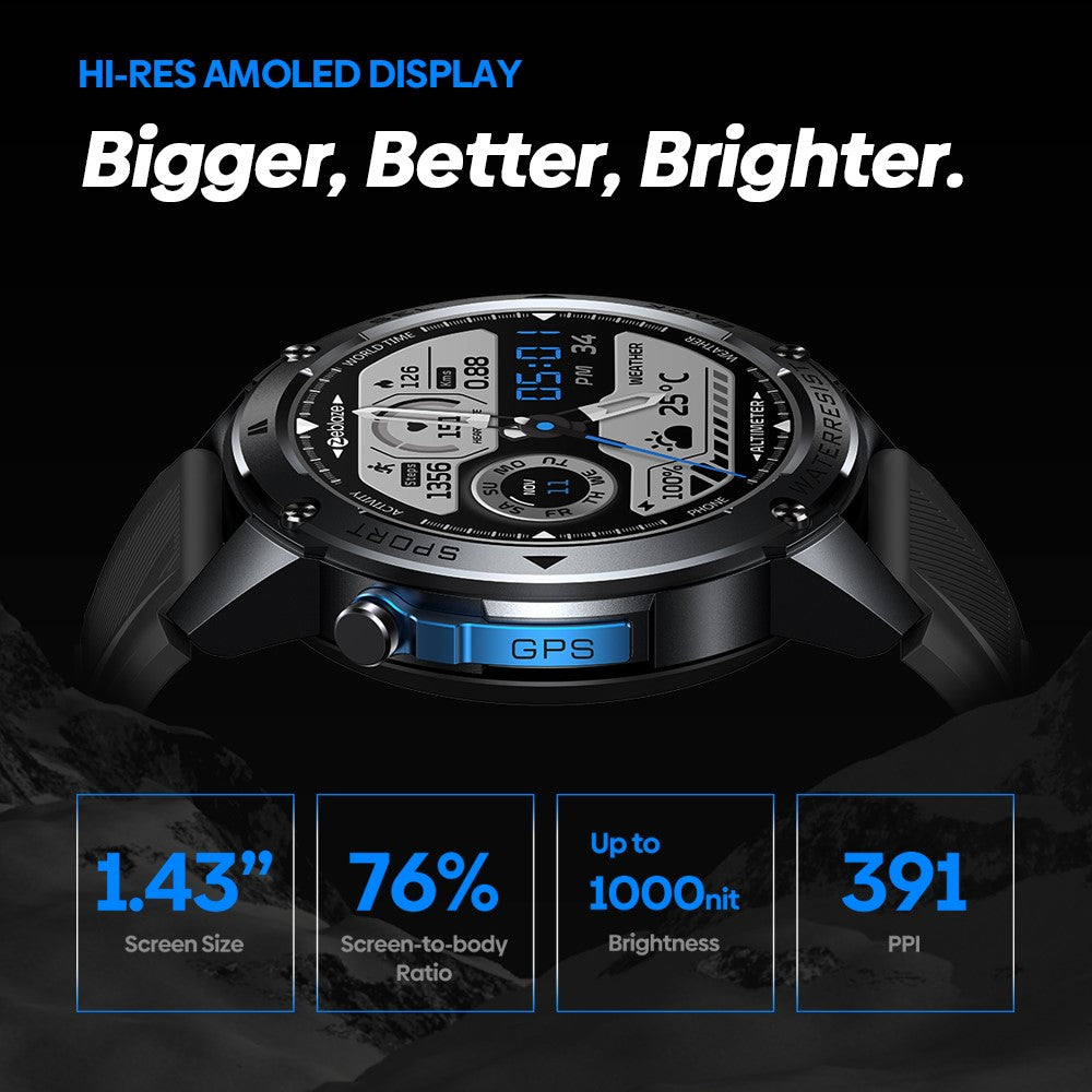 ZEBLAZE Stratos 2 Ultra 1.43-inch AMOLED Screen Bluetooth-compatible Call GPS Sports Watch Health Monitor Smart Watch