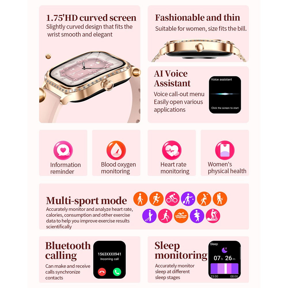 MK88 Silicone Strap 1.75-inch Women Rhinestones Smart Watch Bluetooth-compatible Calling Fitness Tracker Smart Bracelet