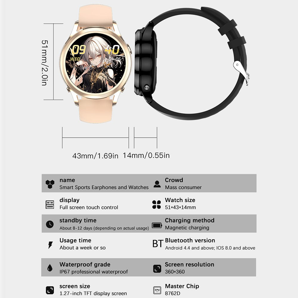 X17 Women TWS Earphones Smart Watch 2 in 1 Bluetooth-compatible Call Music Heart Rate Monitoring Watch