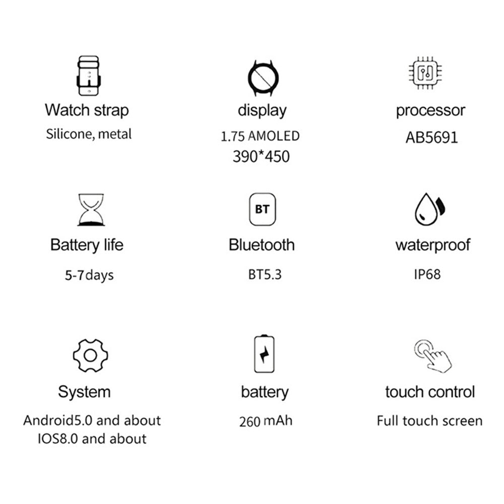 HK82 1.75-inch AMOLED Square Screen NFC Smart Watch Health Monitor Wrist Watch, Silicone Strap