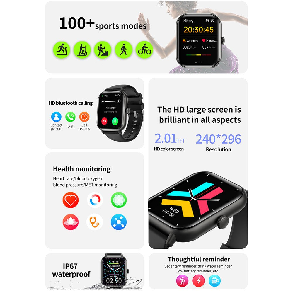 ZW62 2.01 Inch Bluetooth-compatible Calling Smart Watch Heart Rate Tracking IP67 Waterproof Sports Watch