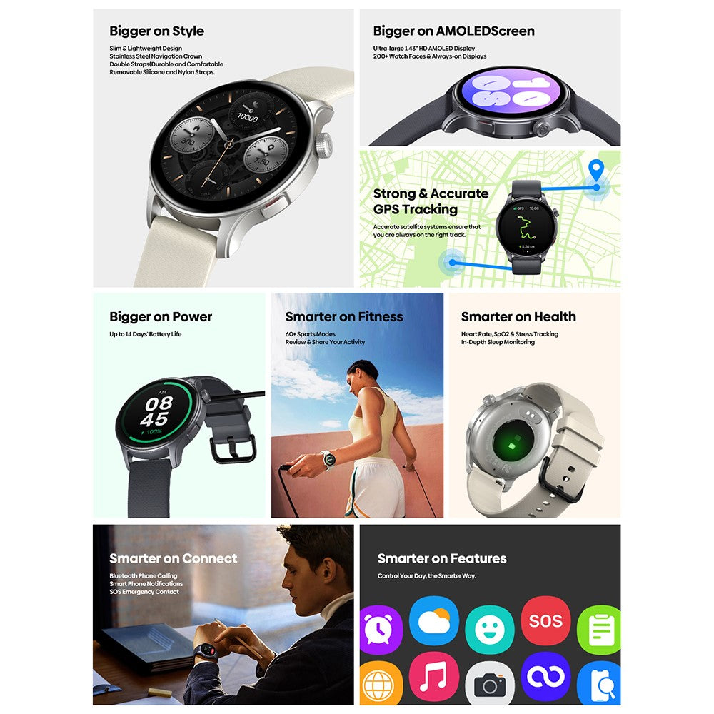 ZEBLAZE Btalk 3 GPS Smart Watch 1.43 Inch AMOLED Screen Outdoor Sports Tracker Health Monitor