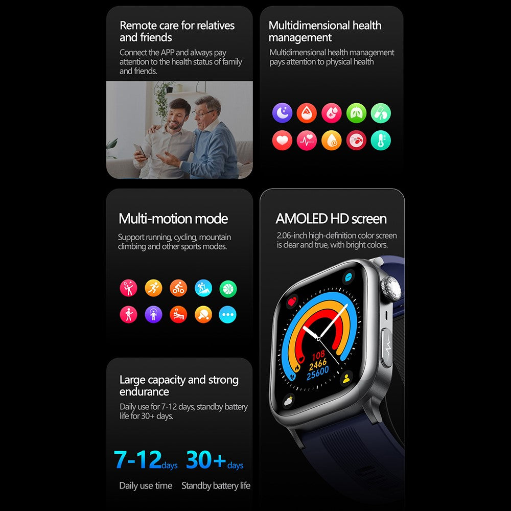 TK66 Smart Watch Blood Pressure ECG Health Monitor Bluetooth-Compatible Calling SOS Emergency Alert Watch
