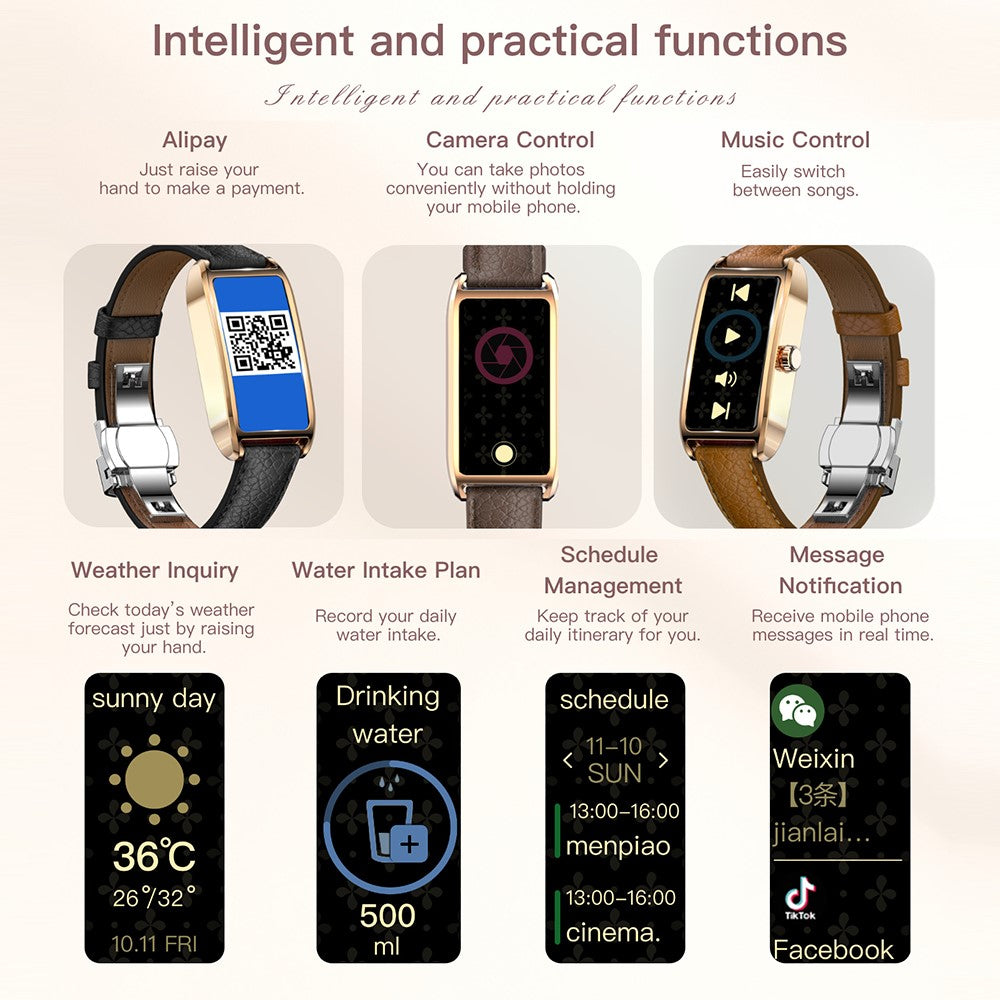 Dora T Smart Watch for Women Fitness Tracker IP68 Waterproof Heart Rate Monitor Smartwatch, Leather Band
