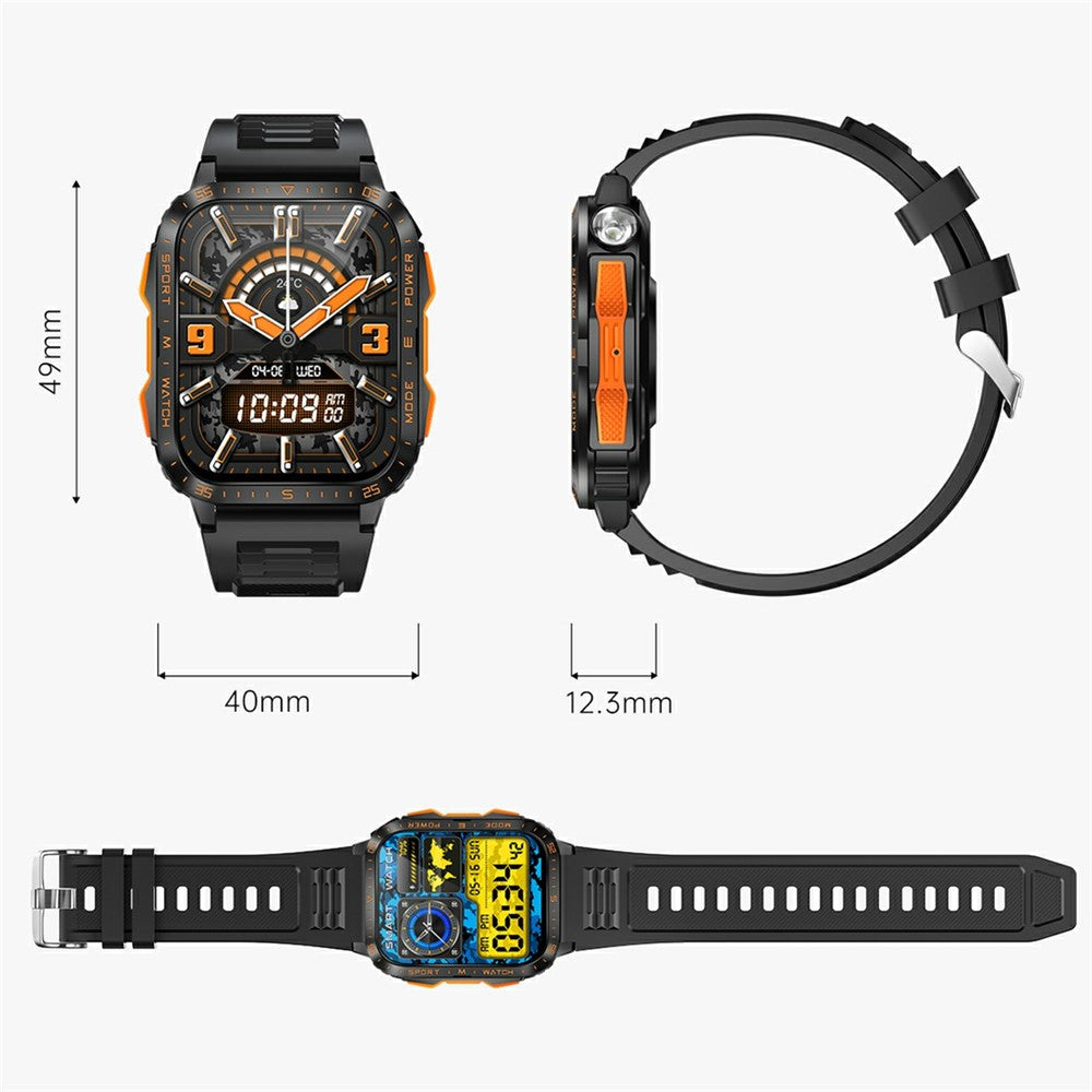 KT79 1.96 Inch Outdoor Rugged Smart Watch with Flashlight Bluetooth-Compatible Call Sports Tracker Health Monitor