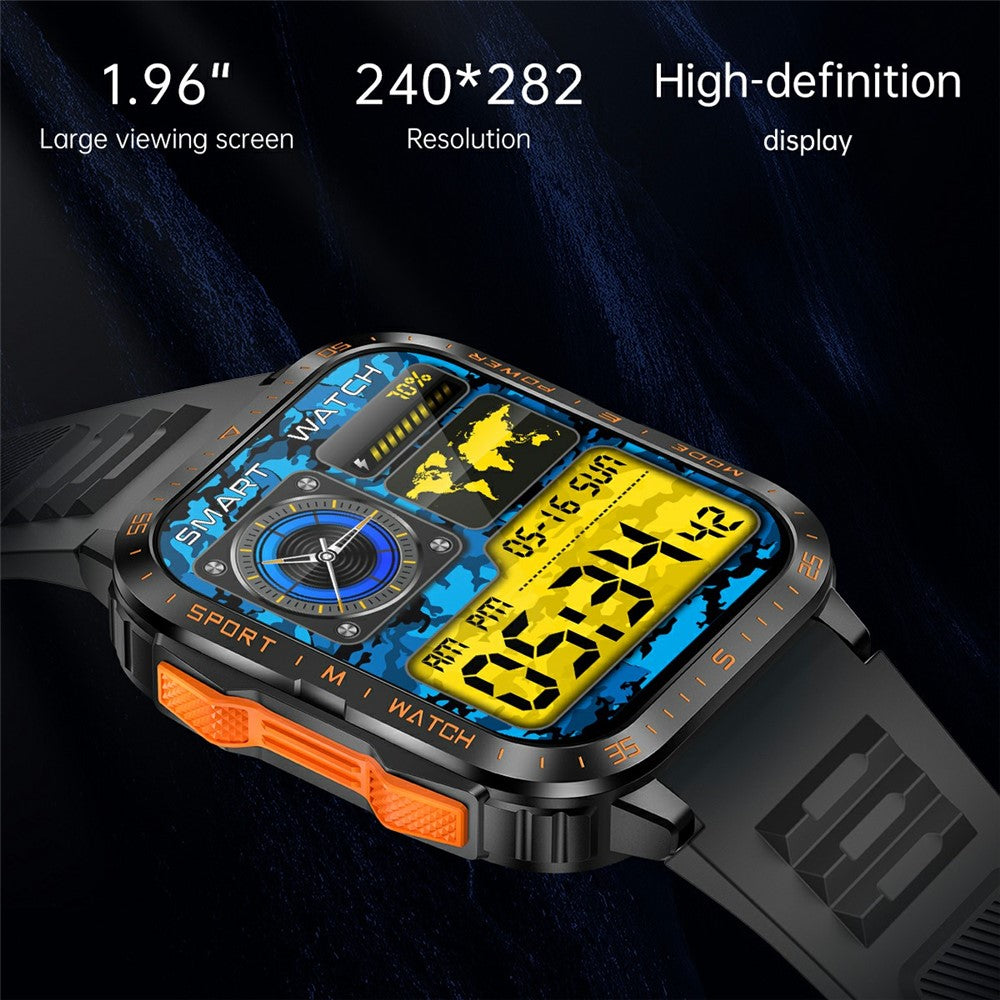 KT79 1.96 Inch Outdoor Rugged Smart Watch with Flashlight Bluetooth-Compatible Call Sports Tracker Health Monitor