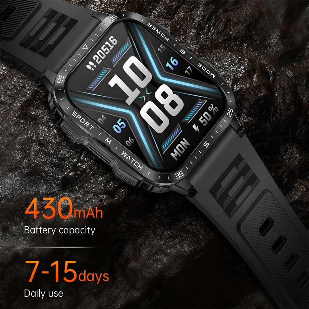 KT79 1.96 Inch Outdoor Rugged Smart Watch with Flashlight Bluetooth-Compatible Call Sports Tracker Health Monitor