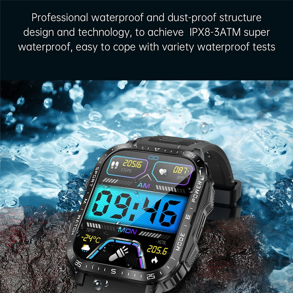 KT79 1.96 Inch Outdoor Rugged Smart Watch with Flashlight Bluetooth-Compatible Call Sports Tracker Health Monitor