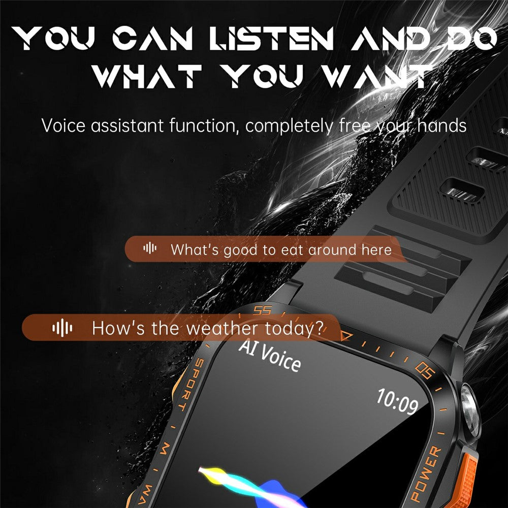 KT79 1.96 Inch Outdoor Rugged Smart Watch with Flashlight Bluetooth-Compatible Call Sports Tracker Health Monitor