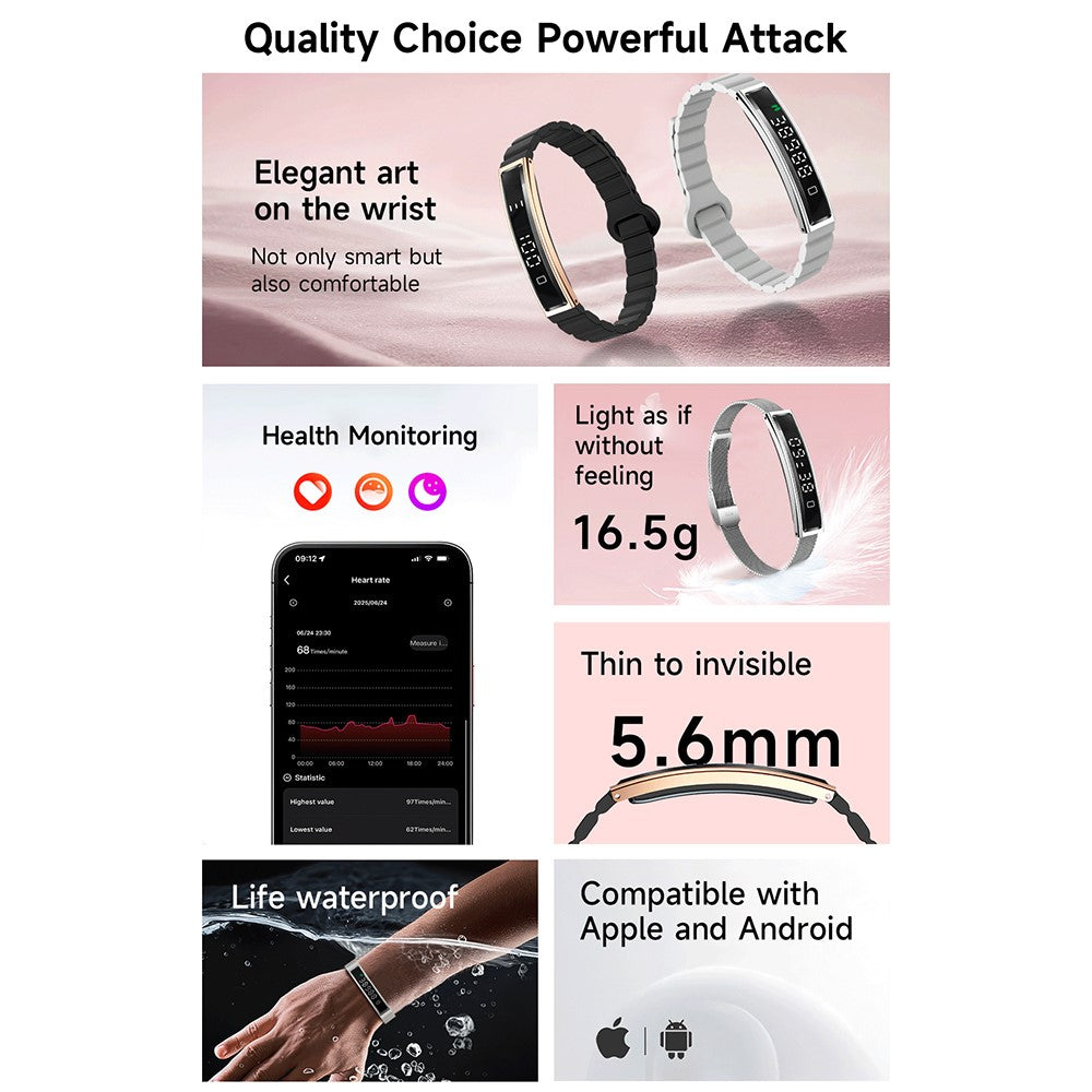 B3 Waterproof Slim Bracelet Smart Wristband for Women Health Monitor Fitness Tracker, Silicone Strap