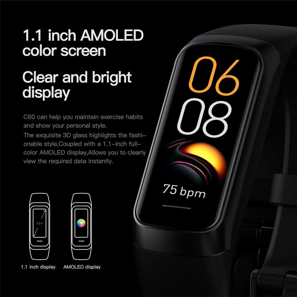 C60 1.1 inch Waterproof Smart Watch Body Temperature Health Monitor Fitness Tracker Sports Wristband