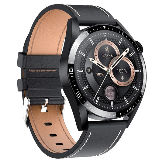i39 1.28 inch Round Full Touch Screen Smart Watch Music Control Bluetooth-compatible Call Heart Rate Monitor Sports Wristwatch, Leather Strap