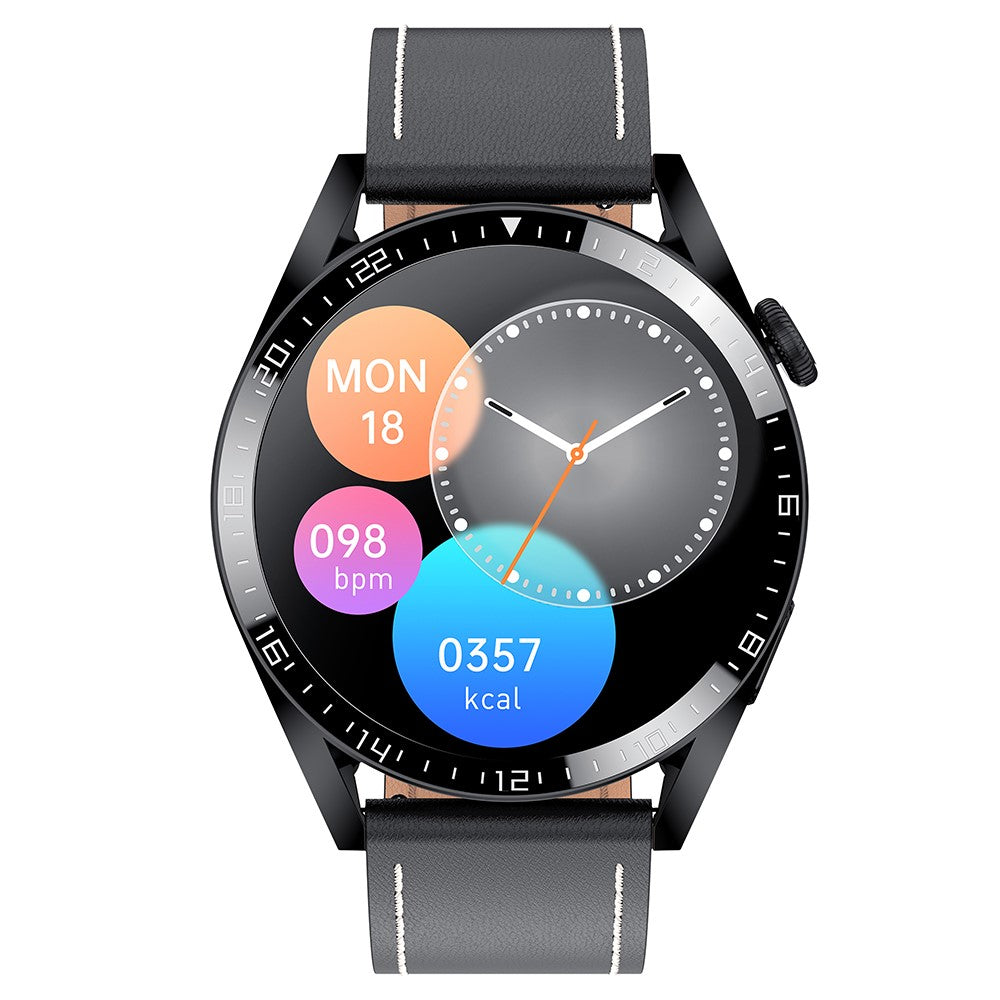 i39 1.28 inch Round Full Touch Screen Smart Watch Music Control Bluetooth-compatible Call Heart Rate Monitor Sports Wristwatch, Leather Strap