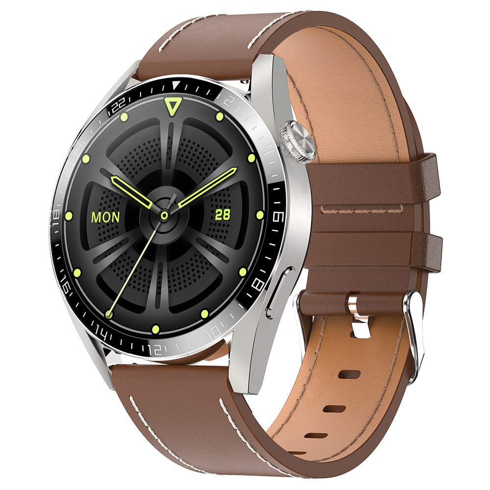 i39 1.28 inch Round Full Touch Screen Smart Watch Music Control Bluetooth-compatible Call Heart Rate Monitor Sports Wristwatch, Leather Strap