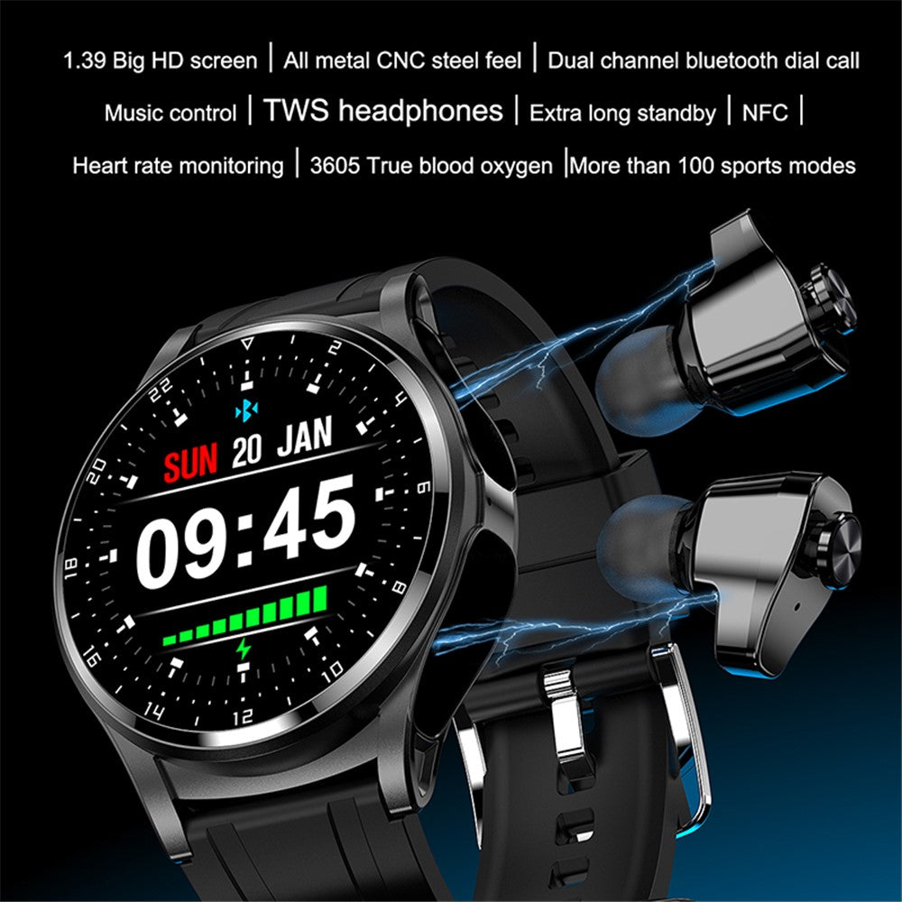 GT66 2-in-1 Silicone Strap Smart Watch with Earbuds, TWS Headset Combo 1.39" Bluetooth-compatible Phone Call Fitness Tracker