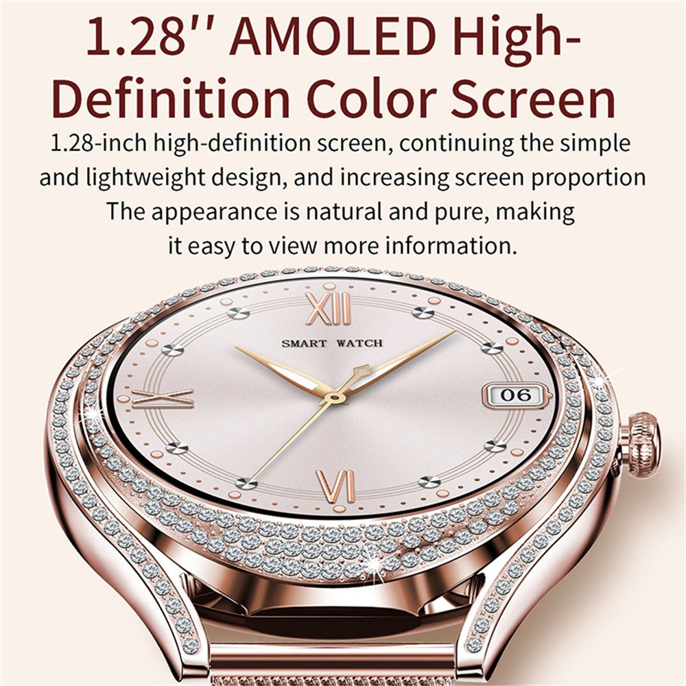 V66 1.28 Inch HD Screen Women Smart Watch Heart Rate Monitor Bracelet with Zircon Decor, Silicone Strap